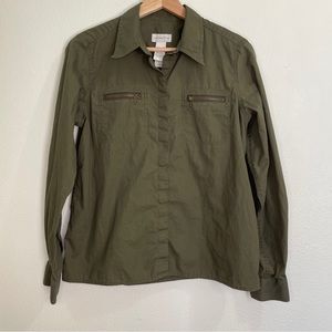 Liz Claiborne Cotton Hidden Button Up Tab Sleeve Shirt - Olive Green
